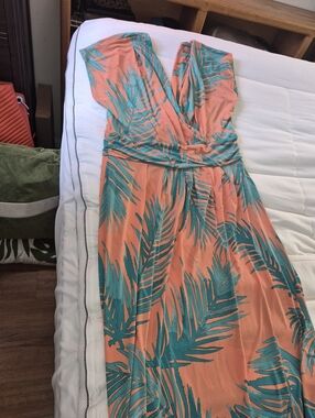Imann sleeveless V-Neck Tropical Print Maxi Dress - Coral & Teal